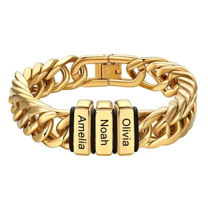Personalized Mens Name Engraved Beads Chunky Cuban Link Bracelet