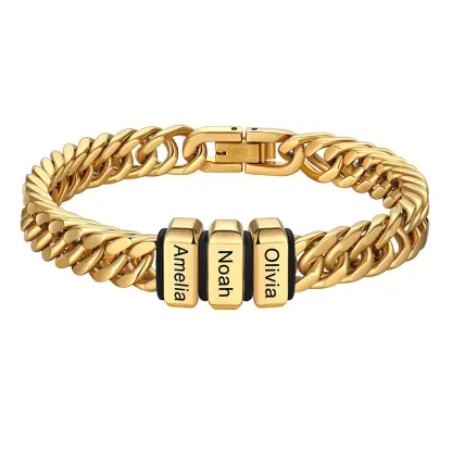 Personalized Mens Name Engraved Beads Chunky Cuban Link Bracelet