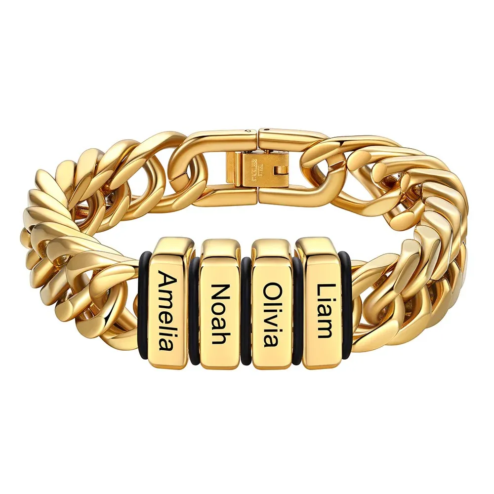 Personalized Mens Name Engraved Beads Chunky Cuban Link Bracelet