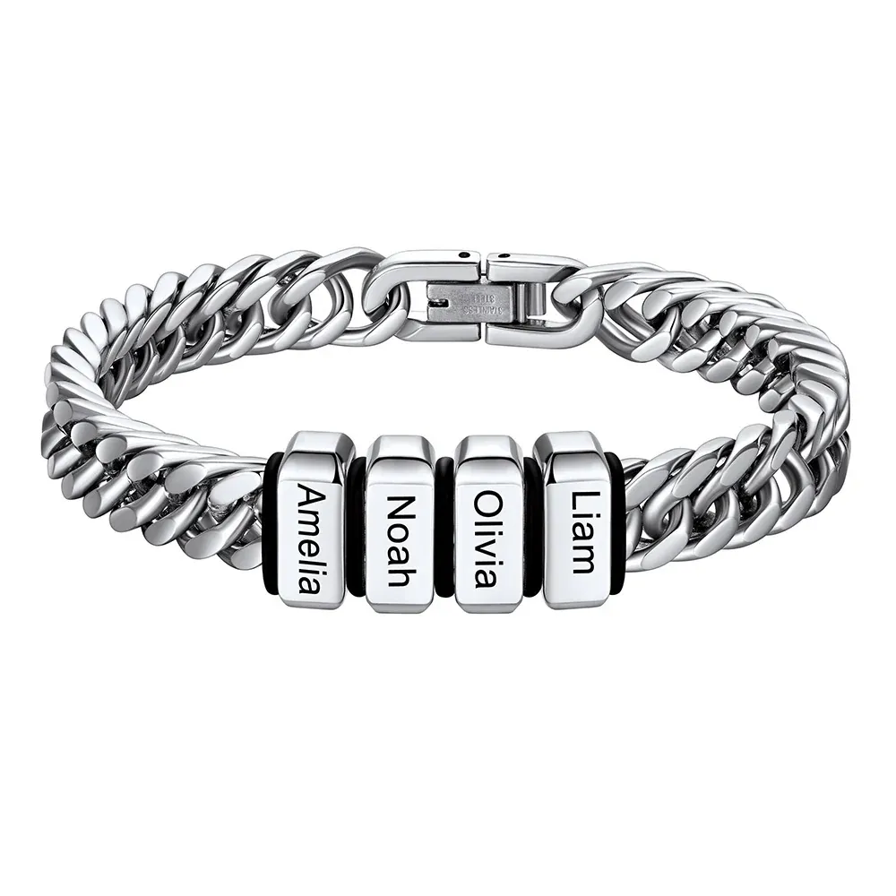 Personalized Mens Name Engraved Beads Chunky Cuban Link Bracelet