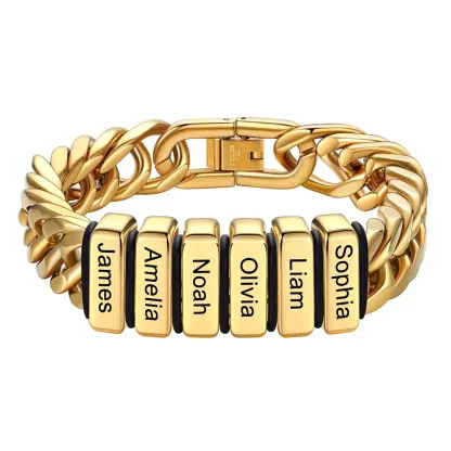 Personalized Mens Name Engraved Beads Chunky Cuban Link Bracelet