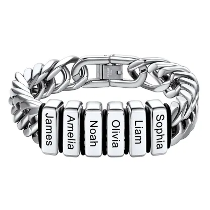 Personalized Mens Name Engraved Beads Chunky Cuban Link Bracelet