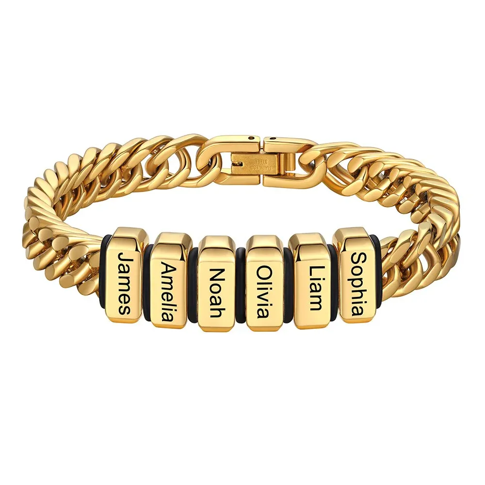 Personalized Mens Name Engraved Beads Chunky Cuban Link Bracelet