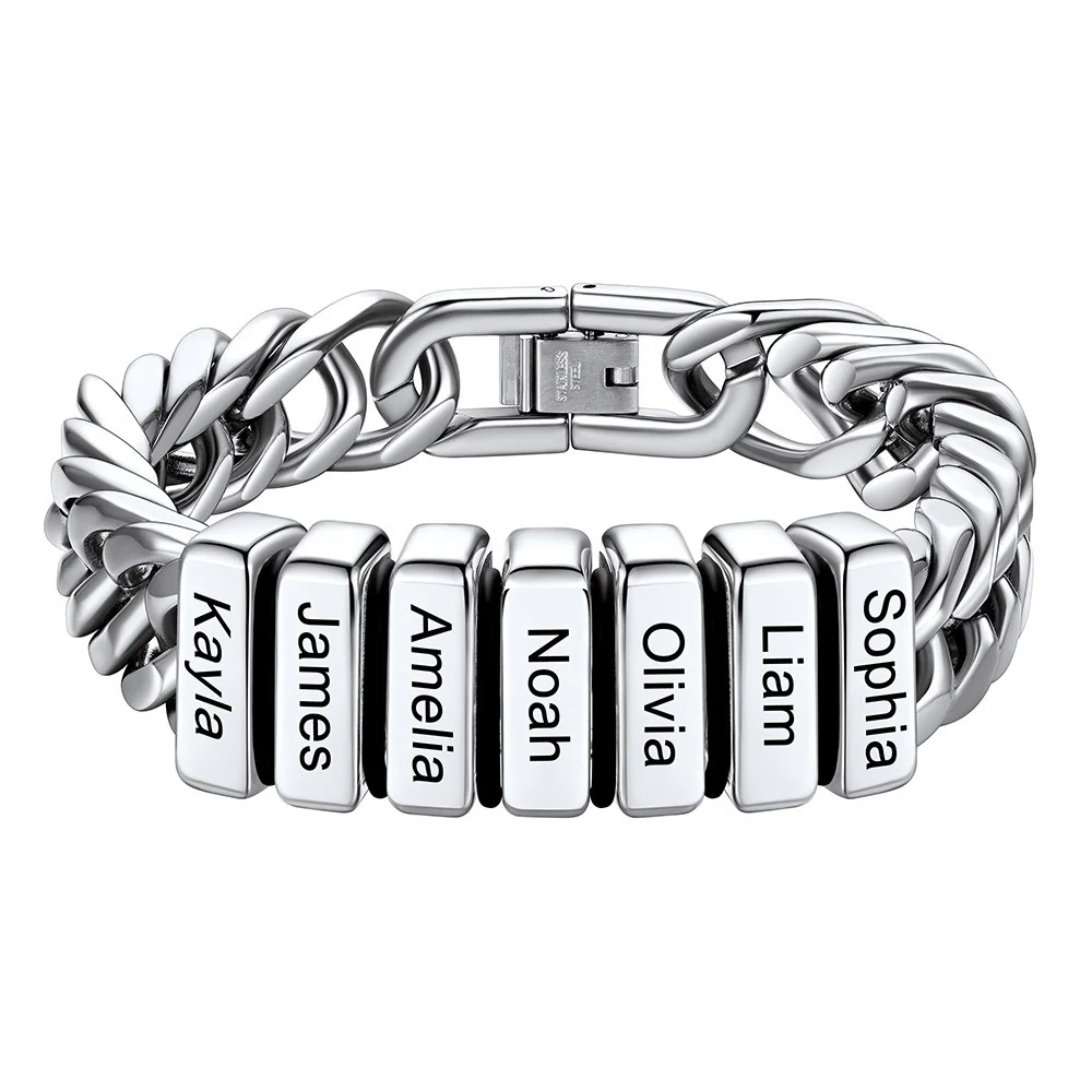 Personalized Mens Name Engraved Beads Chunky Cuban Link Bracelet