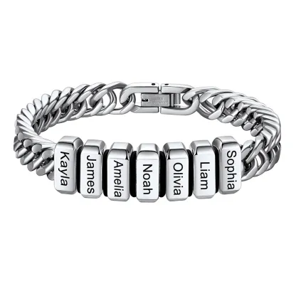 Personalized Mens Name Engraved Beads Chunky Cuban Link Bracelet