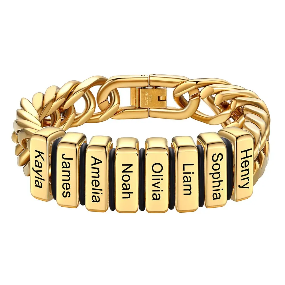 Personalized Mens Name Engraved Beads Chunky Cuban Link Bracelet