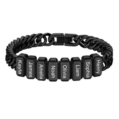Personalized Mens Name Engraved Beads Chunky Cuban Link Bracelet