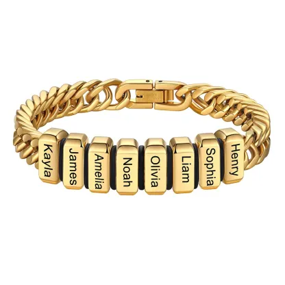 Personalized Mens Name Engraved Beads Chunky Cuban Link Bracelet
