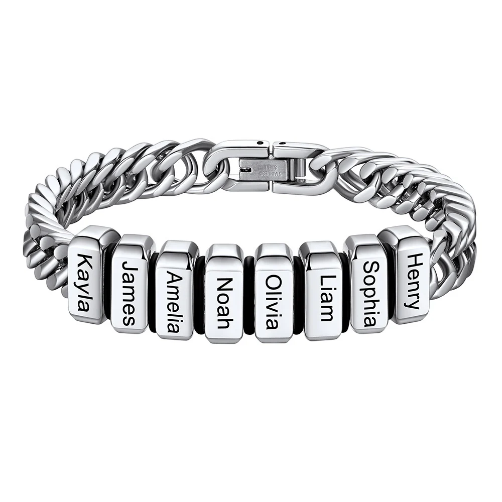 Personalized Mens Name Engraved Beads Chunky Cuban Link Bracelet