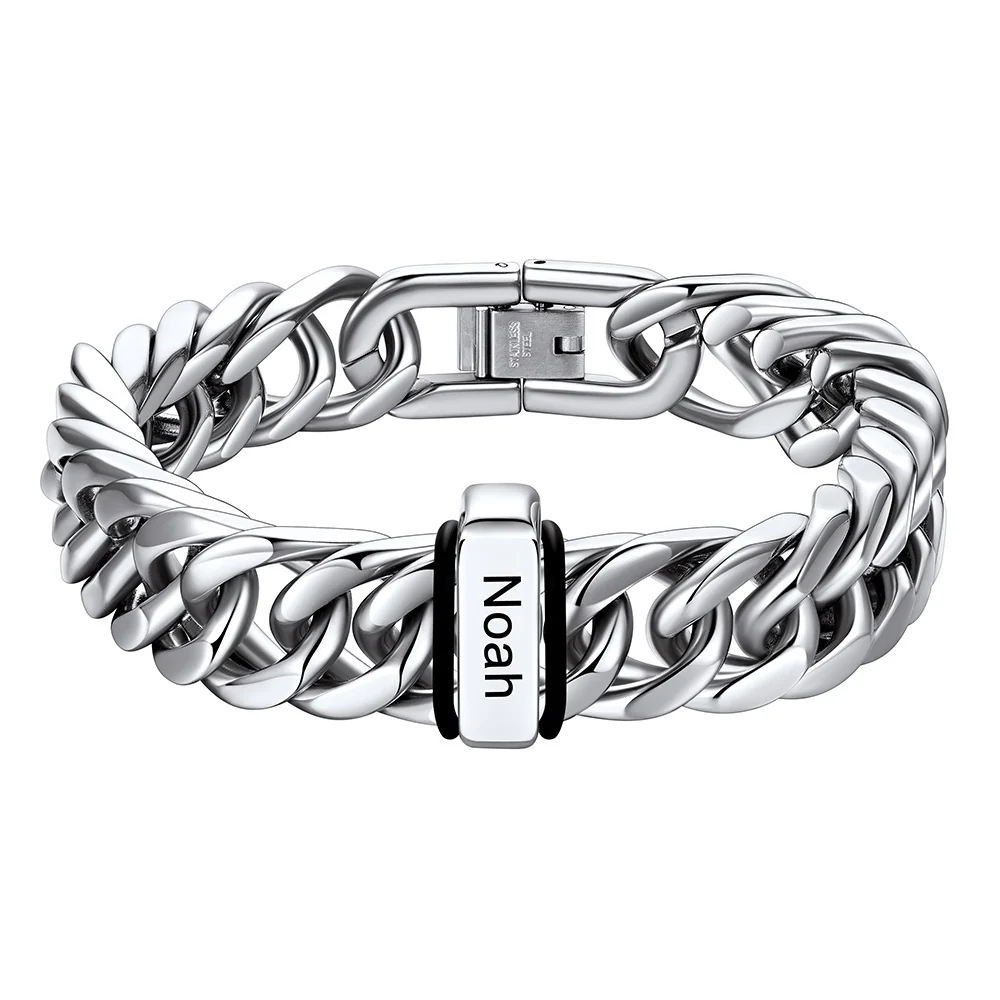 Personalized Mens Name Engraved Beads Chunky Cuban Link Bracelet