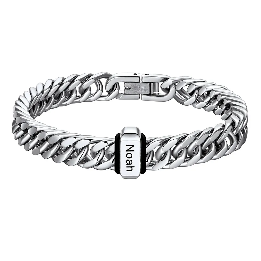 Personalized Mens Name Engraved Beads Chunky Cuban Link Bracelet