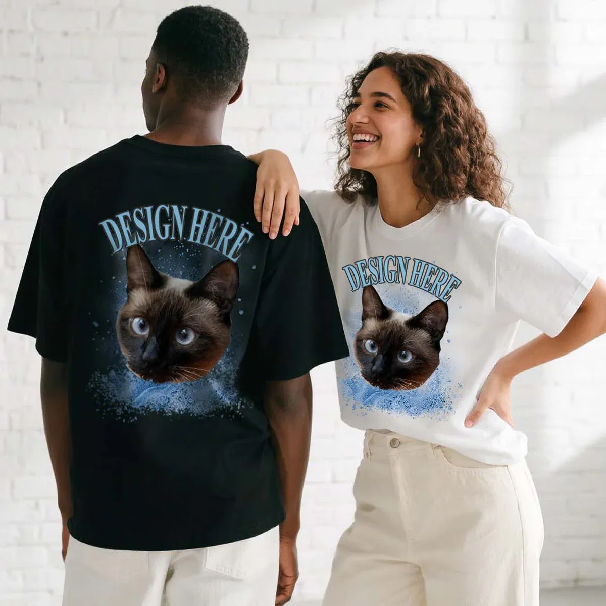 Couple Wearing Custom Photo and Text T-Shirts