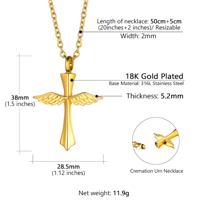 Custom Cross Angle Wing Cremation Urn Necklace size