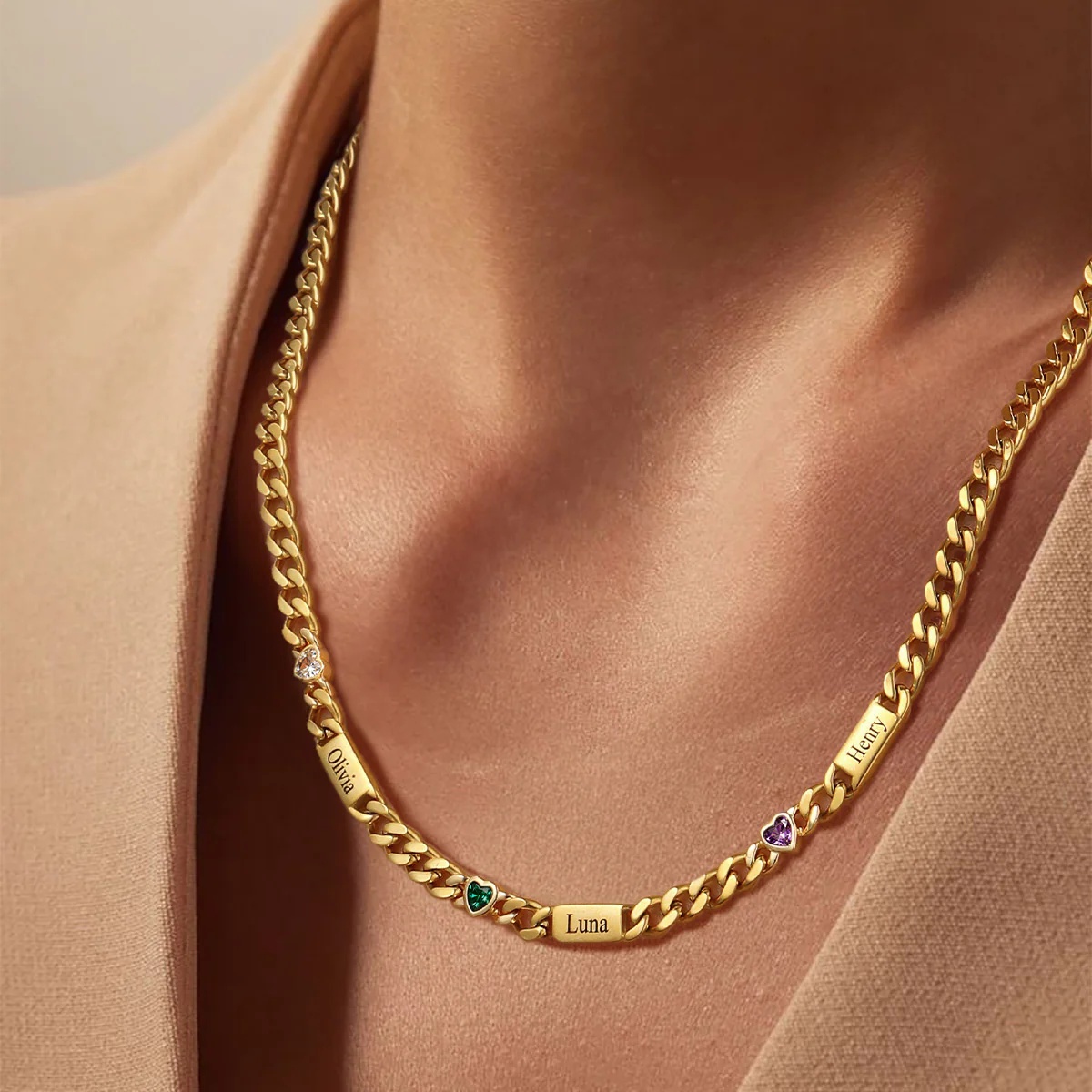 Custom 1-6 Names Birthstones Cuban Link Chain Necklace for women