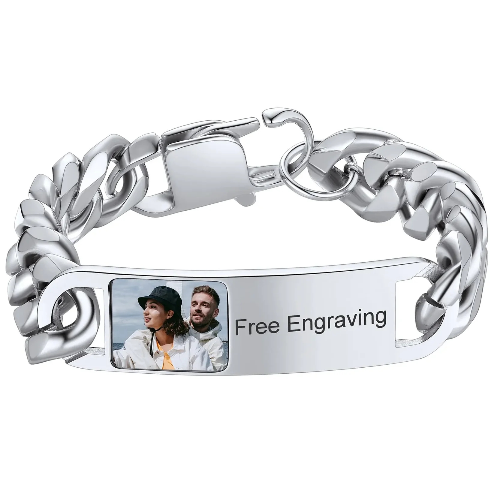 Personalized Picture Cuban Link Photo ID Bracelets for Men silver