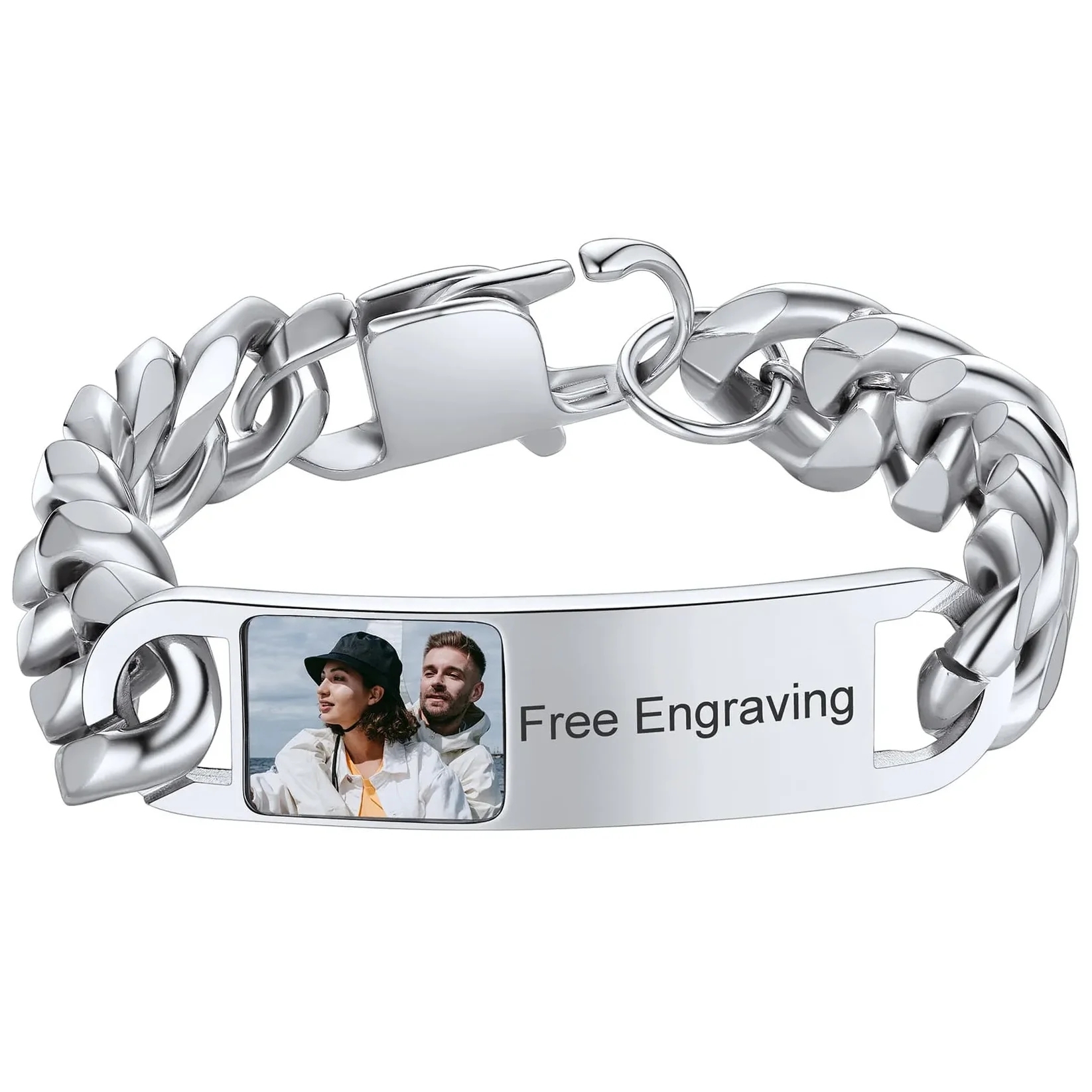Personalized Picture Cuban Link Photo ID Bracelets for Men silver
