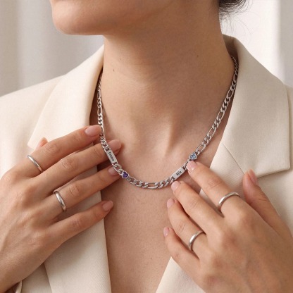 Custom 1-5 Names Birthstones Figaro Chain Keepsake Necklace For Women
