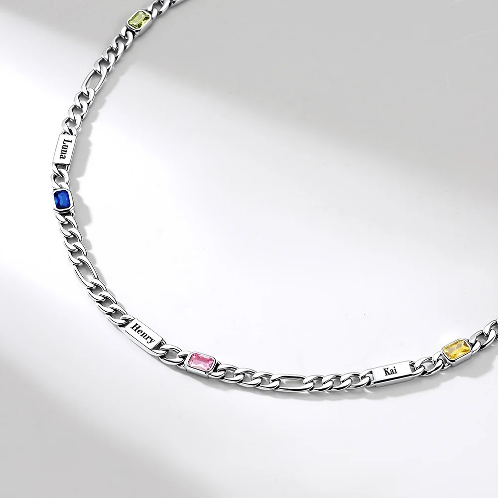 Custom 1-5 Names Birthstones Figaro Chain Keepsake Necklace Anniversary Gift 
