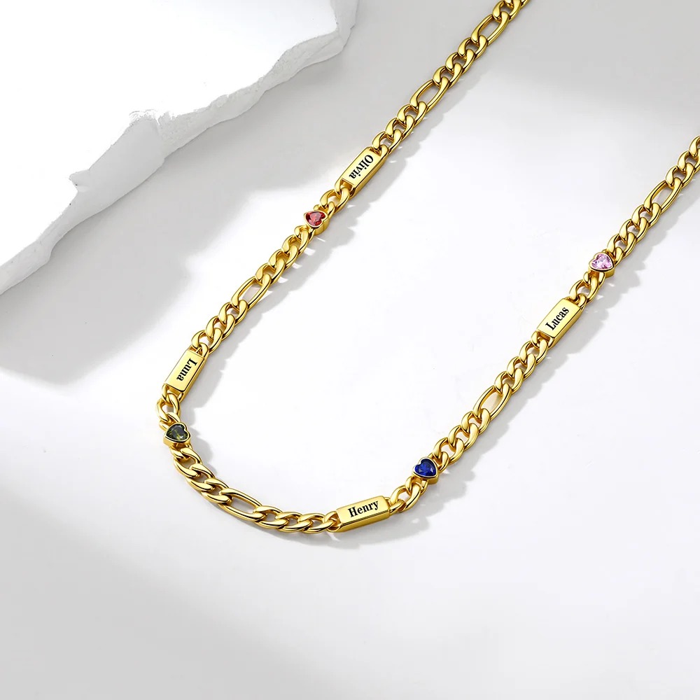 Custom 1-5 Names Birthstones Figaro Chain Keepsake Necklace Christmas Gift 
