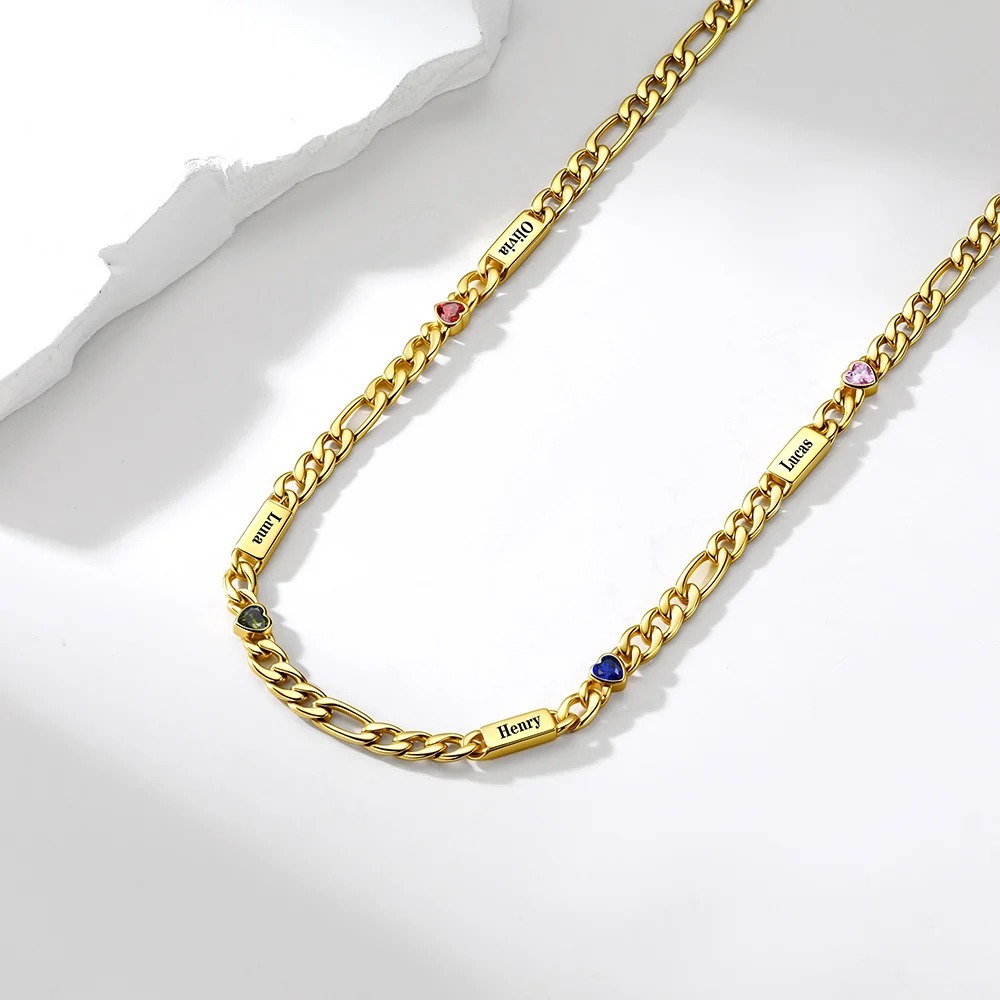 Custom 1-5 Names Birthstones Figaro Chain Keepsake Necklace Christmas Gift 