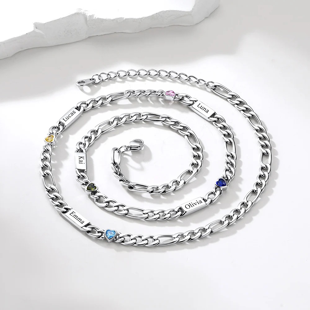 Custom 1-5 Names Birthstones Figaro Chain Keepsake Necklace Meaningful Gift 