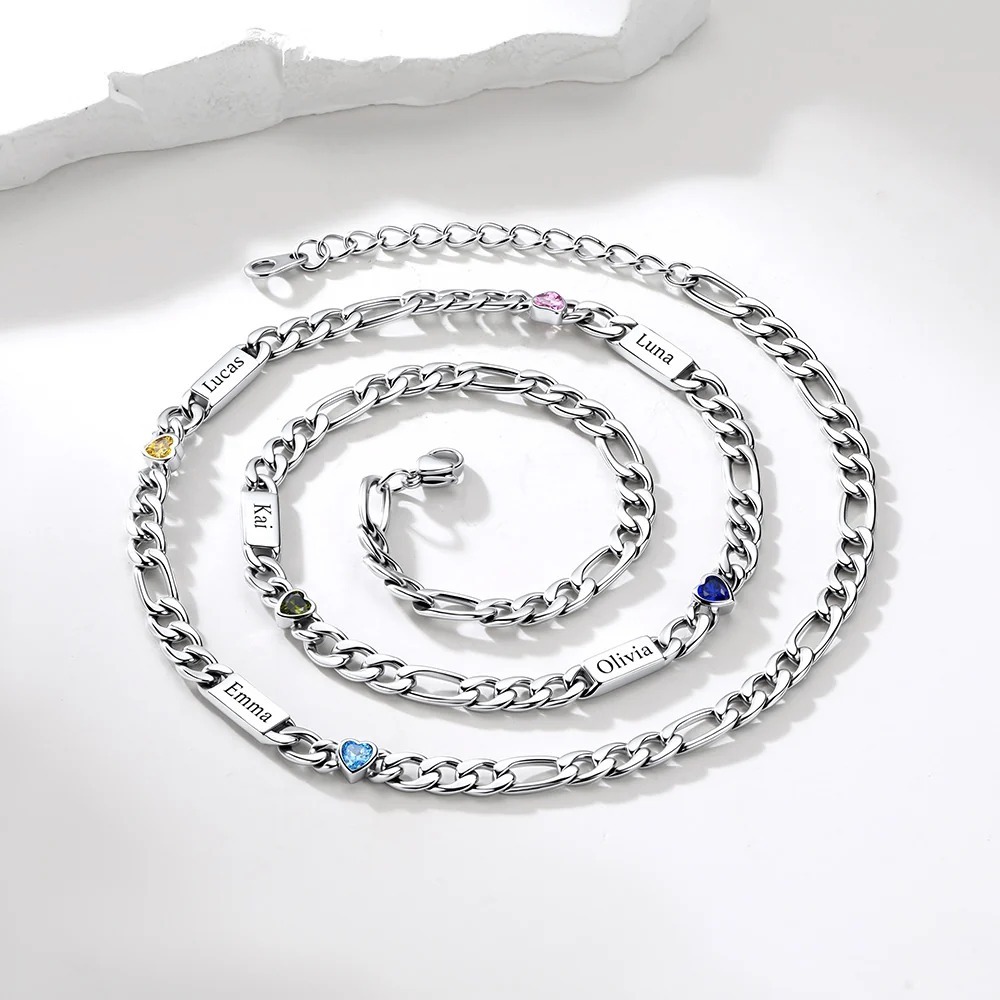 Custom 1-5 Names Birthstones Figaro Chain Keepsake Necklace Meaningful Gift 