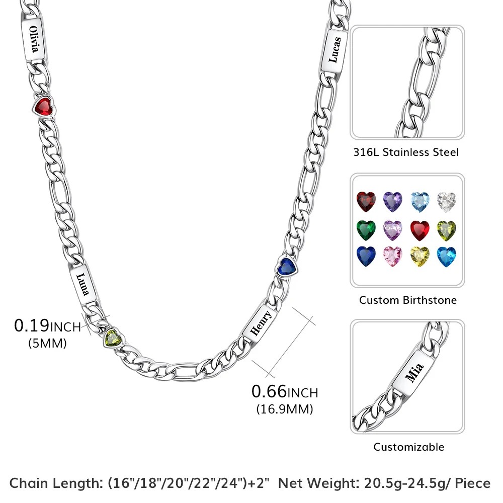 Custom 1-5 Names Birthstones Figaro Chain Keepsake Necklace Size