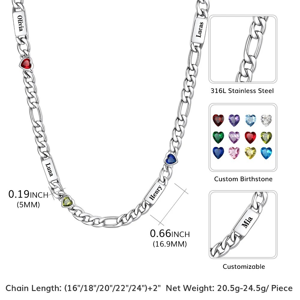 Custom 1-5 Names Birthstones Figaro Chain Keepsake Necklace Size