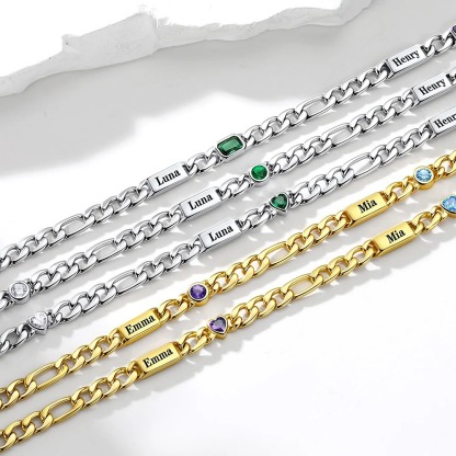 Custom 1-5 Names Birthstones Figaro Chain Keepsake Necklace Unisex Gift