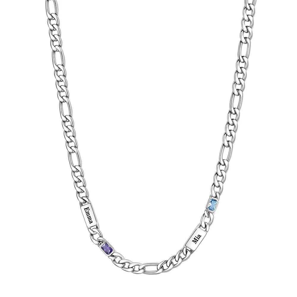 Custom 2 Names Birthstones Figaro Chain Keepsake Necklace Silver