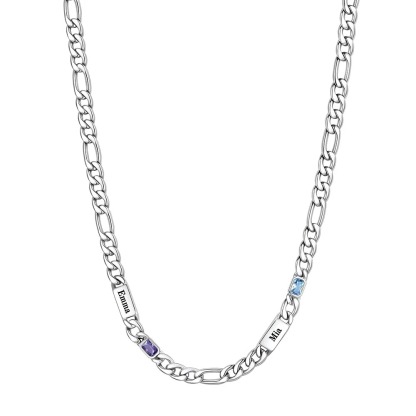 Custom 2 Names Birthstones Figaro Chain Keepsake Necklace Silver