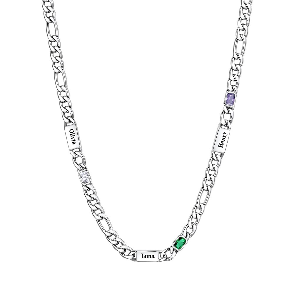 Custom 3 Names Birthstones Figaro Chain Keepsake Necklace Silver