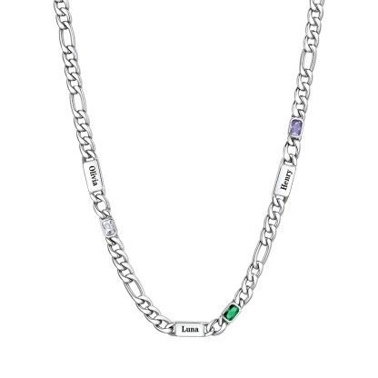 Custom 3 Names Birthstones Figaro Chain Keepsake Necklace Silver