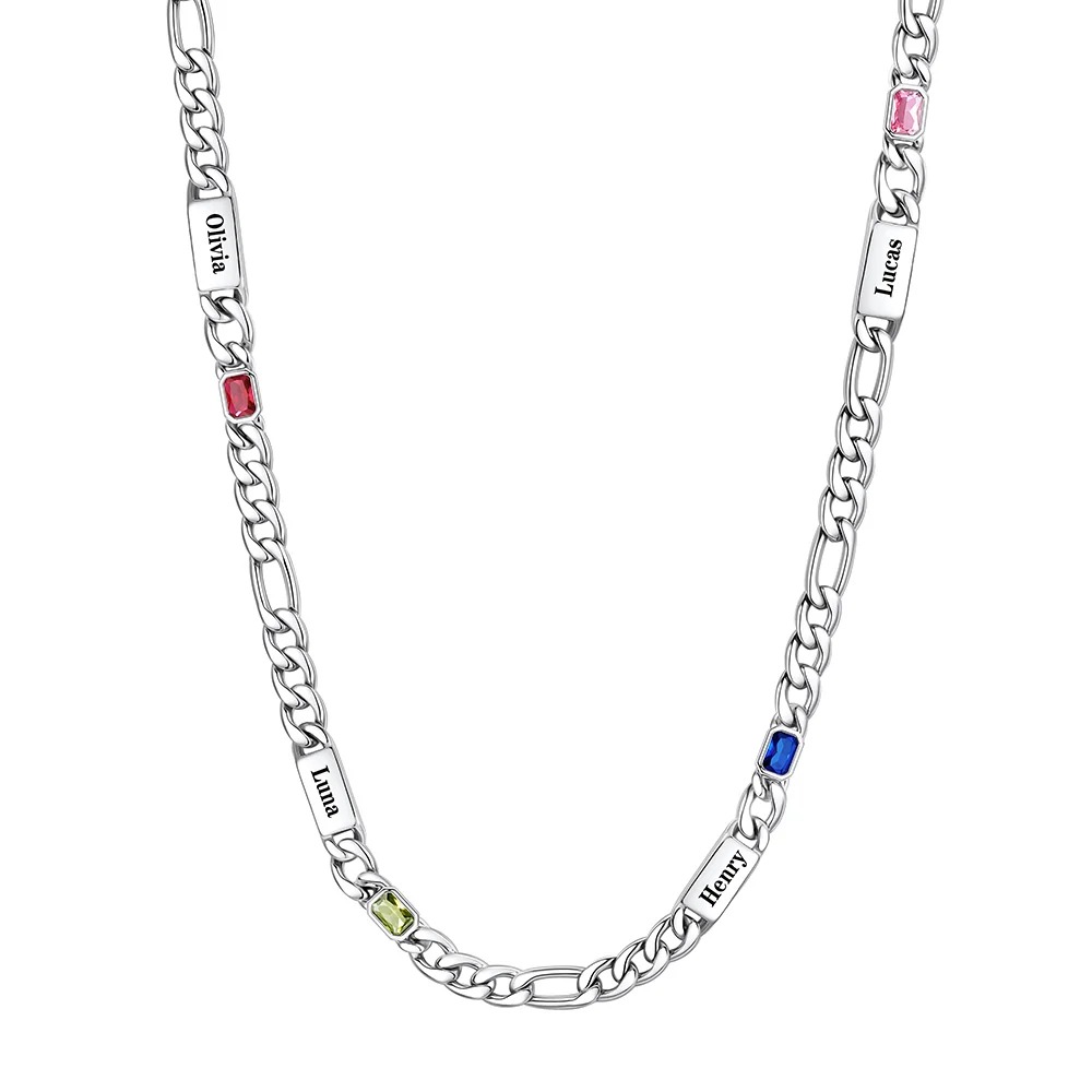 Custom 4 Names Birthstones Figaro Chain Keepsake Necklace Silver