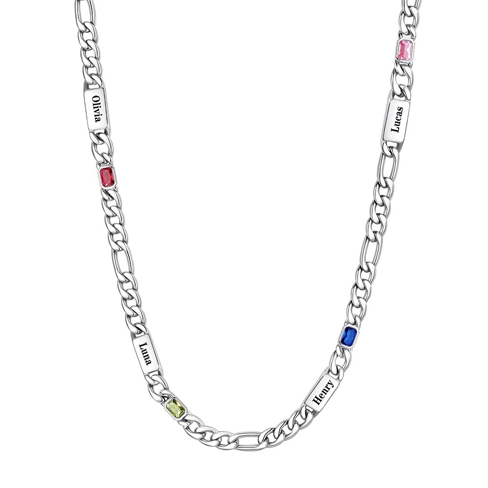 Custom 4 Names Birthstones Figaro Chain Keepsake Necklace Silver