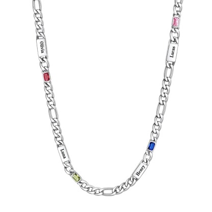 Custom 4 Names Birthstones Figaro Chain Keepsake Necklace Silver