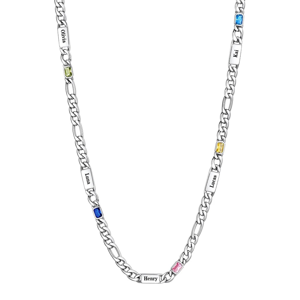 Custom 5 Names Birthstones Figaro Chain Keepsake Necklace  Silver