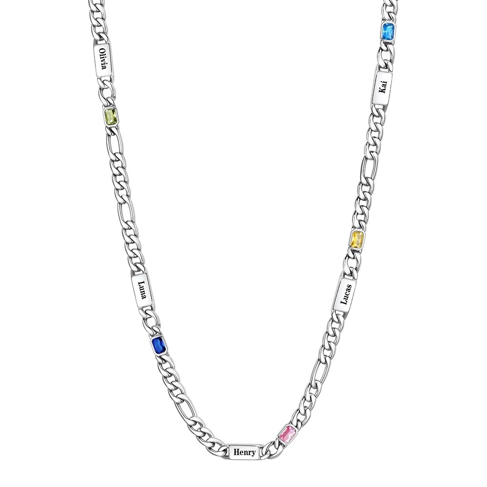 Custom 5 Names Birthstones Figaro Chain Keepsake Necklace  Silver