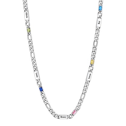 Custom 5 Names Birthstones Figaro Chain Keepsake Necklace  Silver