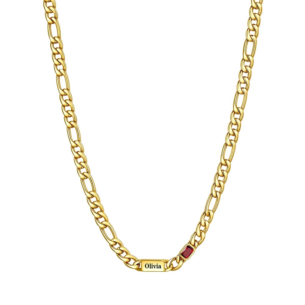 Custom 1 Names Birthstones Figaro Chain Keepsake Necklace Gold
