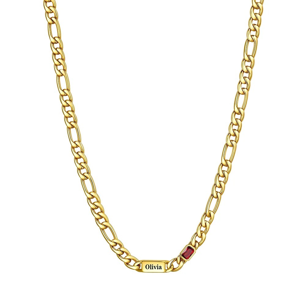 Custom 1 Names Birthstones Figaro Chain Keepsake Necklace Gold