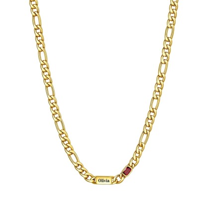 Custom 1 Names Birthstones Figaro Chain Keepsake Necklace Gold