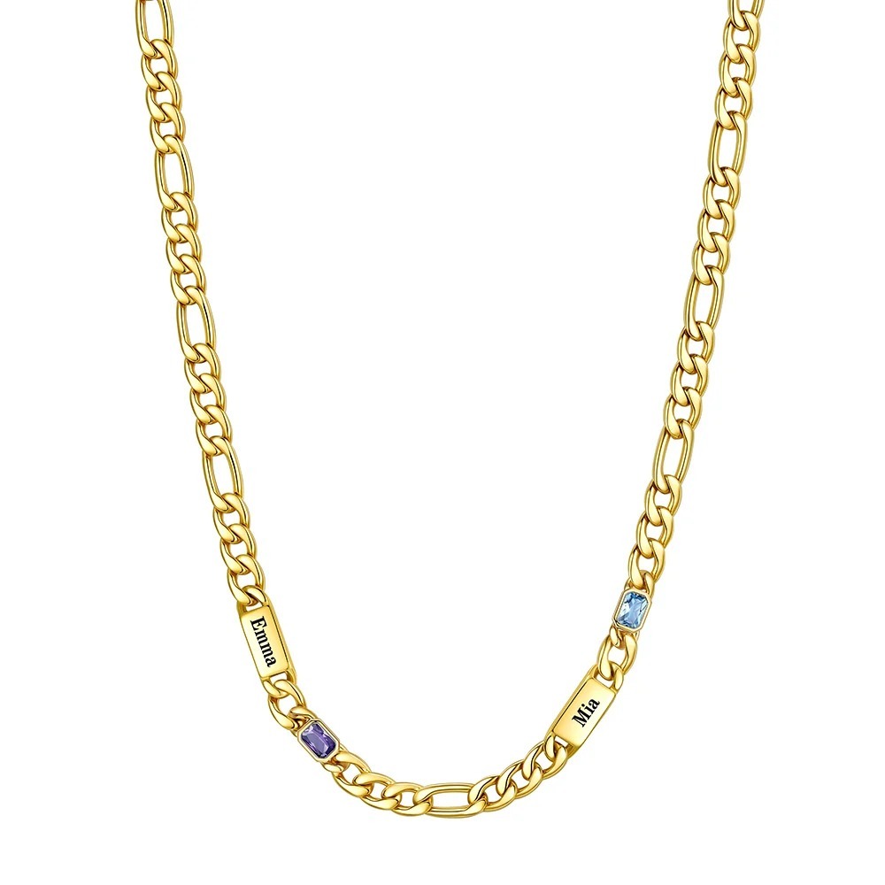 Custom 2 Names Birthstones Figaro Chain Keepsake Necklace Gold