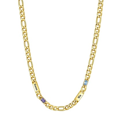 Custom 2 Names Birthstones Figaro Chain Keepsake Necklace Gold