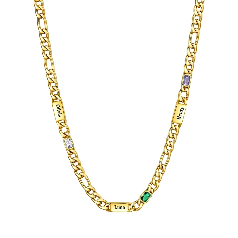 Custom 3 Names Birthstones Figaro Chain Keepsake Necklace Gold