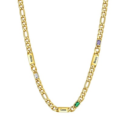Custom 3 Names Birthstones Figaro Chain Keepsake Necklace Gold