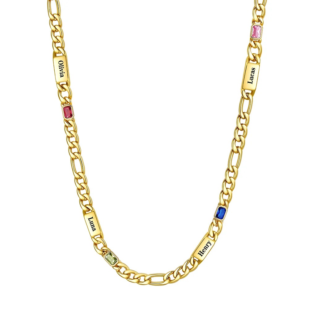 Custom 4 Names Birthstones Figaro Chain Keepsake Necklace Gold