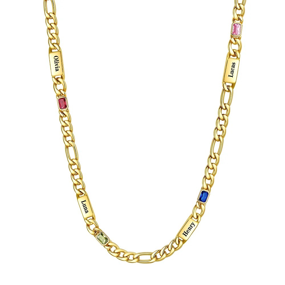 Custom 4 Names Birthstones Figaro Chain Keepsake Necklace Gold