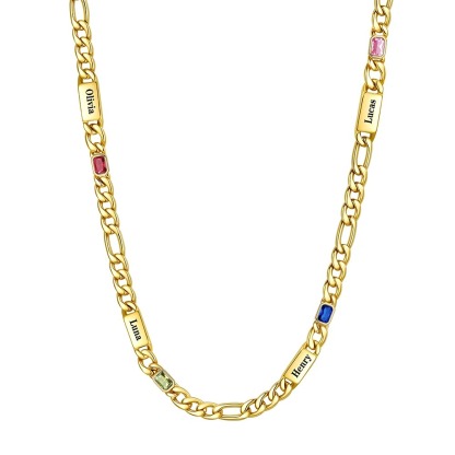Custom 4 Names Birthstones Figaro Chain Keepsake Necklace Gold