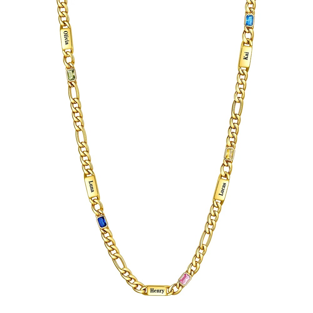 Custom 5 Names Birthstones Figaro Chain Keepsake Necklace Gold